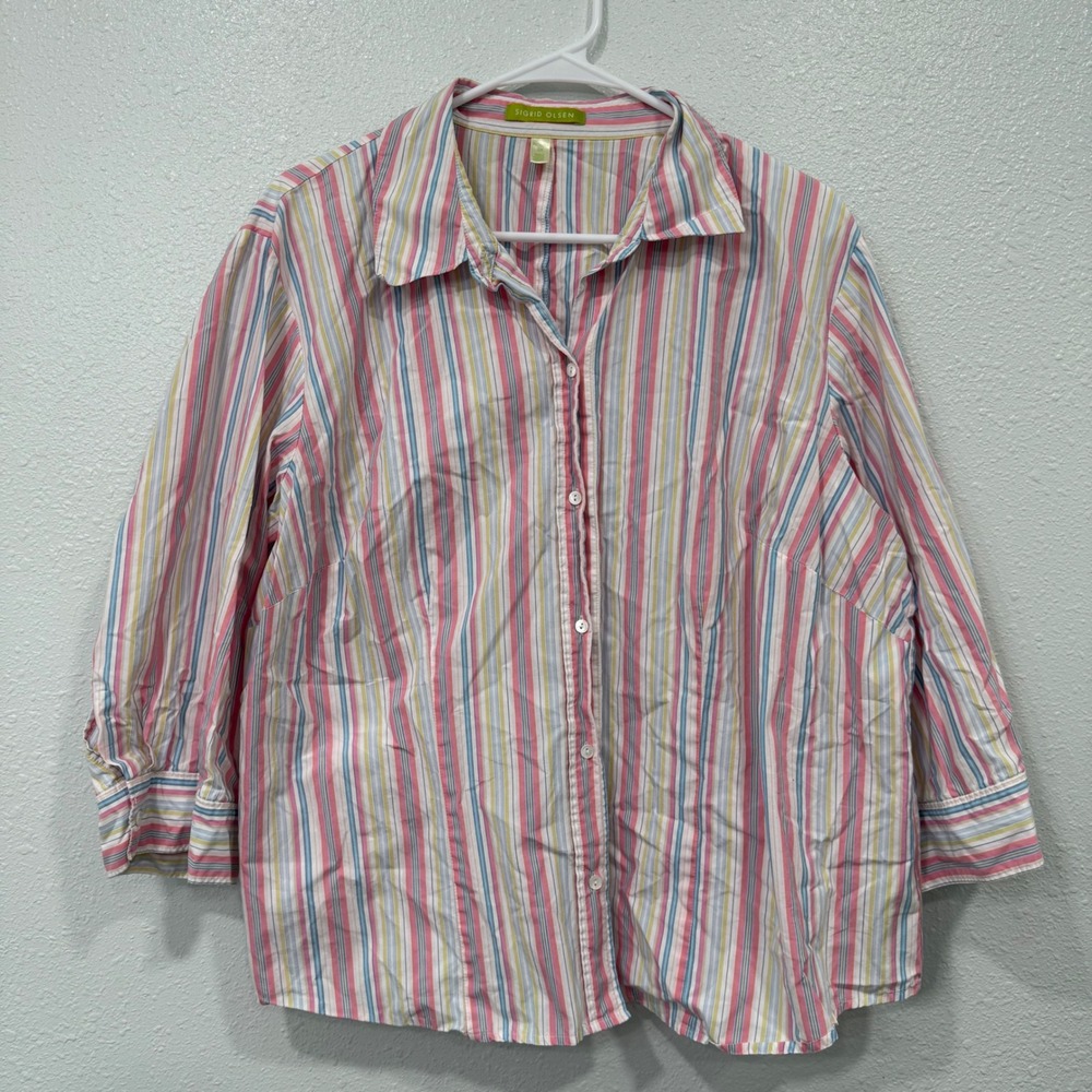 Sigrid Olsen Woman 2X Striped Button Down Shirt Pink Blue Yellow 3/4 Sleeve